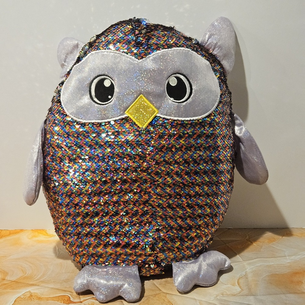 Shimmeez Flip Sequin Owl Plush 15" Reversible Rainbow Silver Stuffed Animal